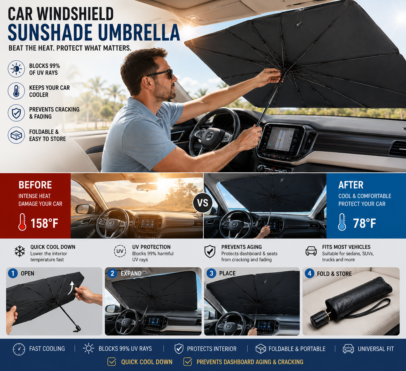 ☀️No More Hot Steering Wheel! Car Windshield Sun Shade Umbrella-HG