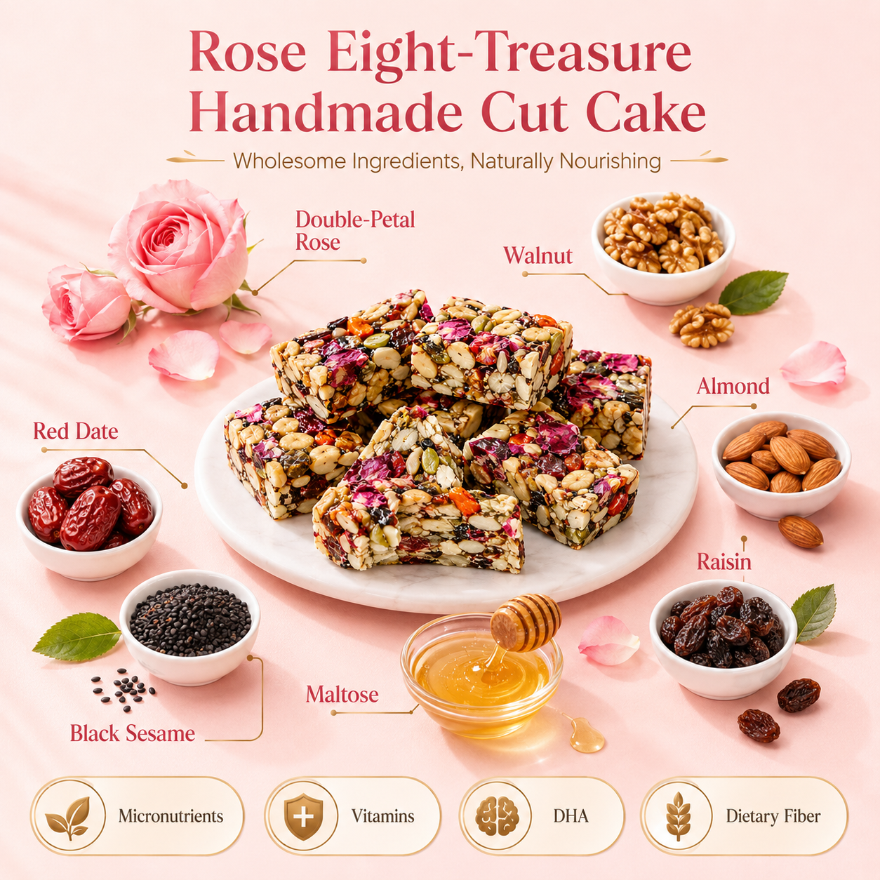 Rose nut bars surrounded by rose petals, walnuts, almonds, red dates, raisins, sesame and maltose