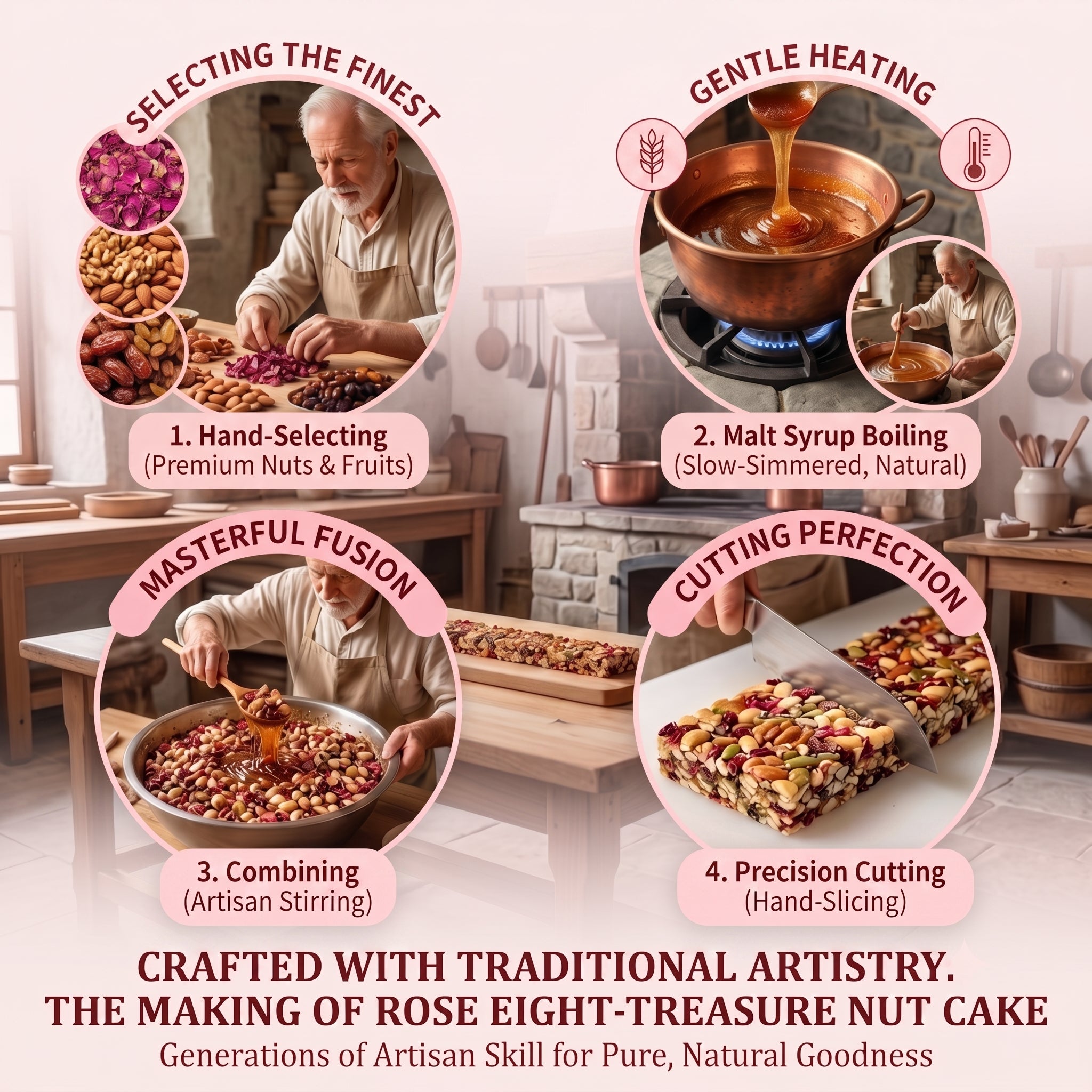 Traditional process of selecting, combining, pressing and cutting handmade nut bars