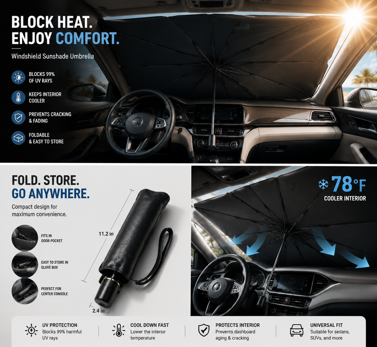 ☀️No More Hot Steering Wheel! Car Windshield Sun Shade Umbrella-HG