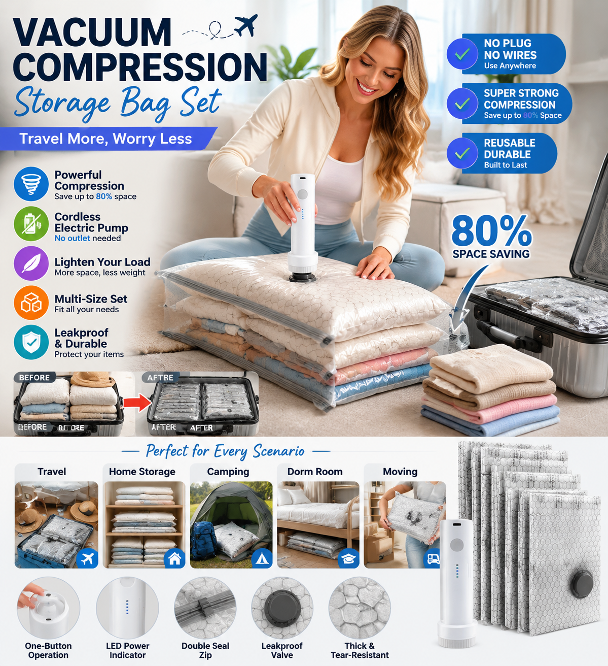 Cordless Travel Vacuum Bag Set, Save 80% of luggage space immediately-HG