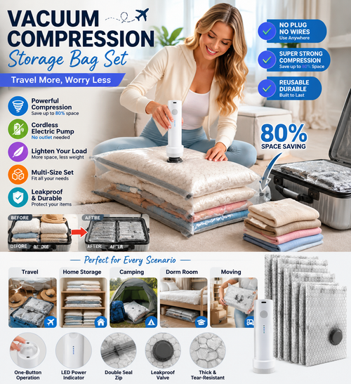 Cordless Travel Vacuum Bag Set, Save 80% of luggage space immediately-HG
