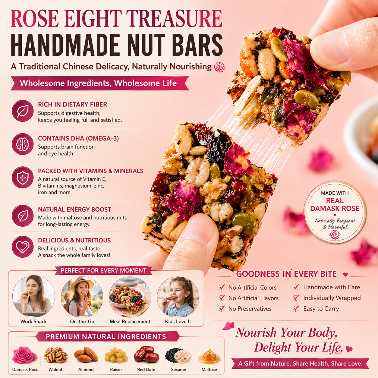 Rose handmade nut bars showing ingredients, texture and convenient snack occasions