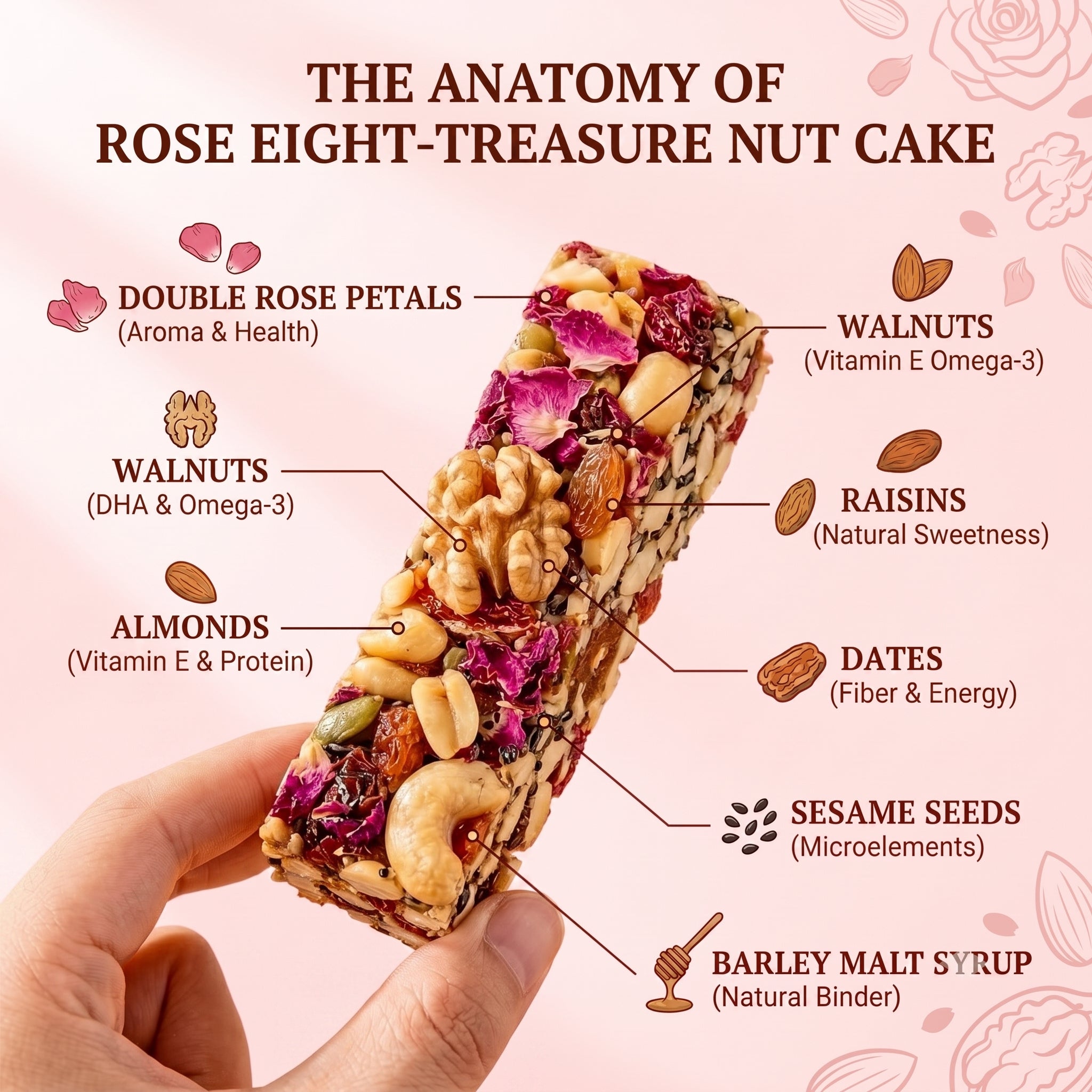 Close-up ingredient anatomy of a Rose Eight-Treasure Nut Bar
