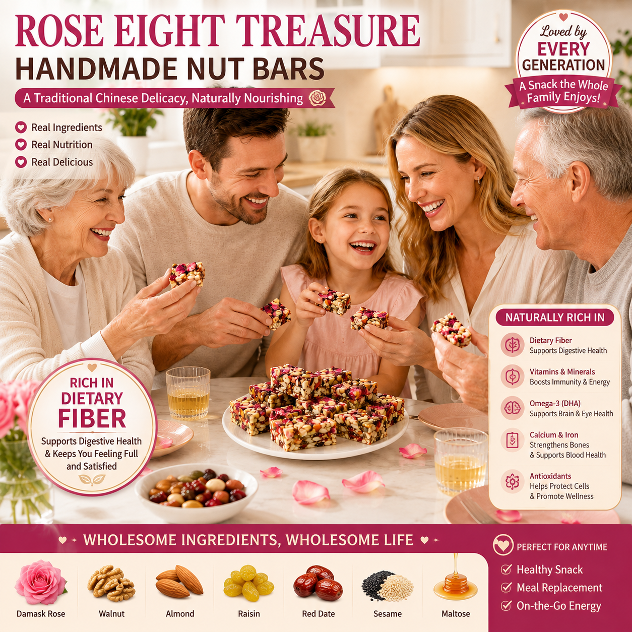 Family sharing Rose Eight-Treasure Handmade Nut Bars together