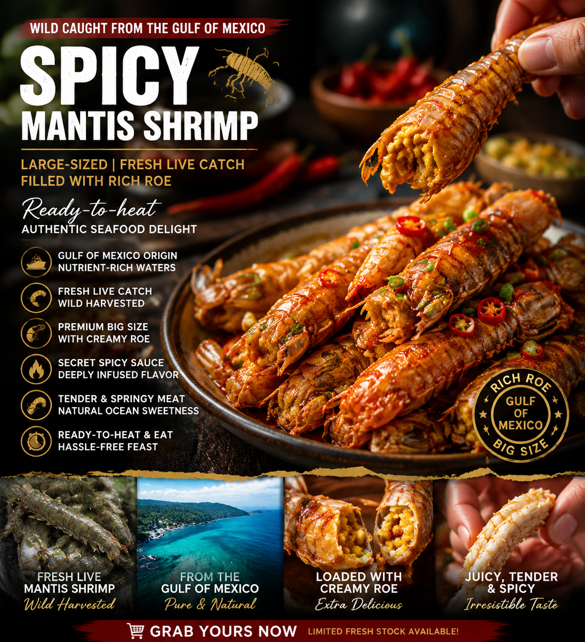 🔥Spicy Mantis Shrimp – Large, Meaty, Rich in Roe & Ready to Eat-H