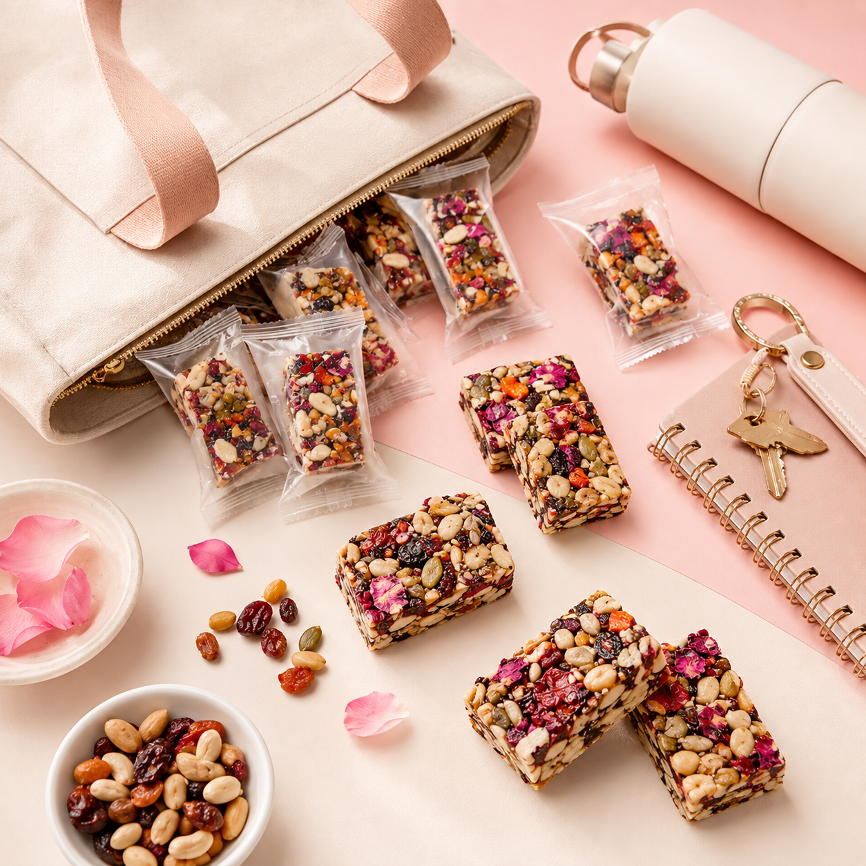 Individually wrapped nut bars arranged beside a handbag and daily essentials