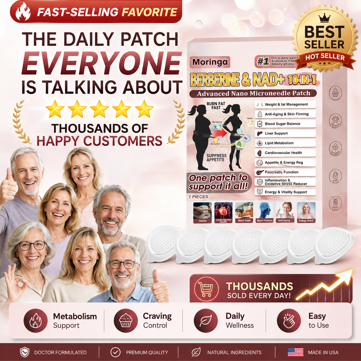 🌿 Moringa BERBERINE & NAD+ 10-IN-1 Daily Wellness Patch ✨ Metabolism, Craving & Waistline Support-TY