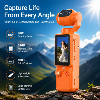 🎥 Upgraded Vlogging Camera – 180° Rotating Lens, Full-Body Video Recorder for Travel, Daily Life & Content Creation-Rush
