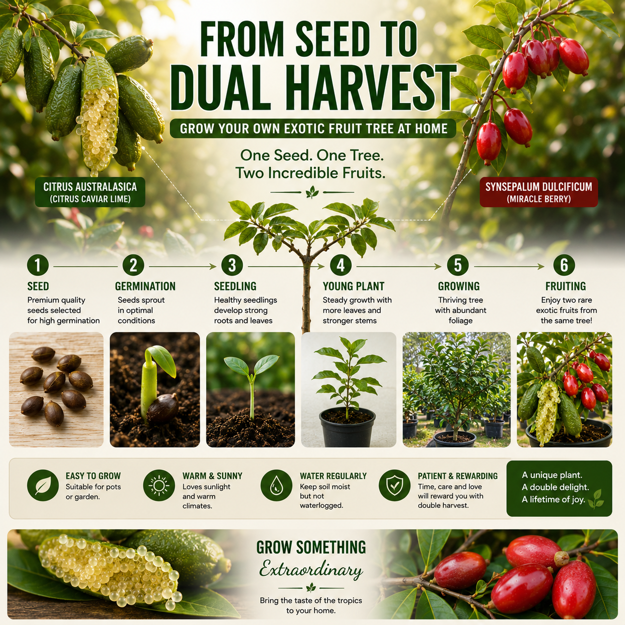 Grow Two Rare Fruits from One Garden Kit –🌿Citrus australasica🍋 & 🌱Synsepalum dulcificum🍇-Rush