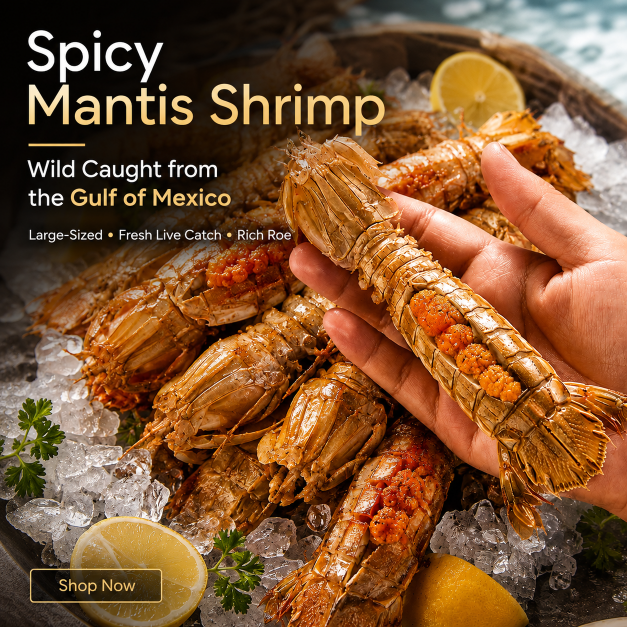 Wild-caught spicy mantis shrimp from the Gulf of Mexico